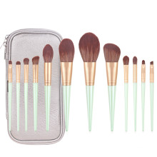 12 PCS  Wholesale Light Green Wood Handle Makeup Brush Set With PU Travel Bag  Cosmetic Brochas De Maquillaje